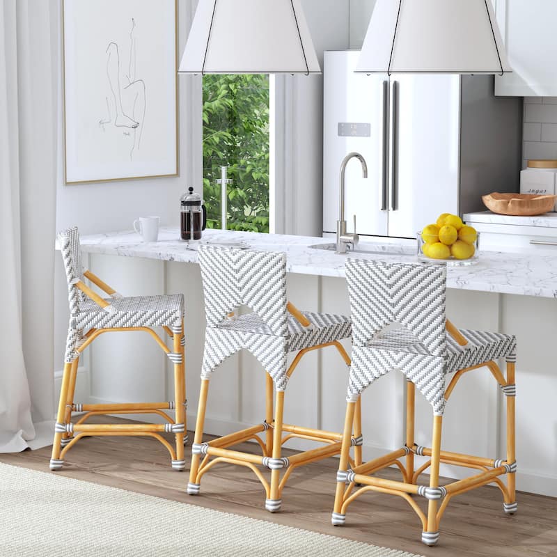 Creanly 25.25"H Seat Rattan Counter Stool with Back - Grey and White