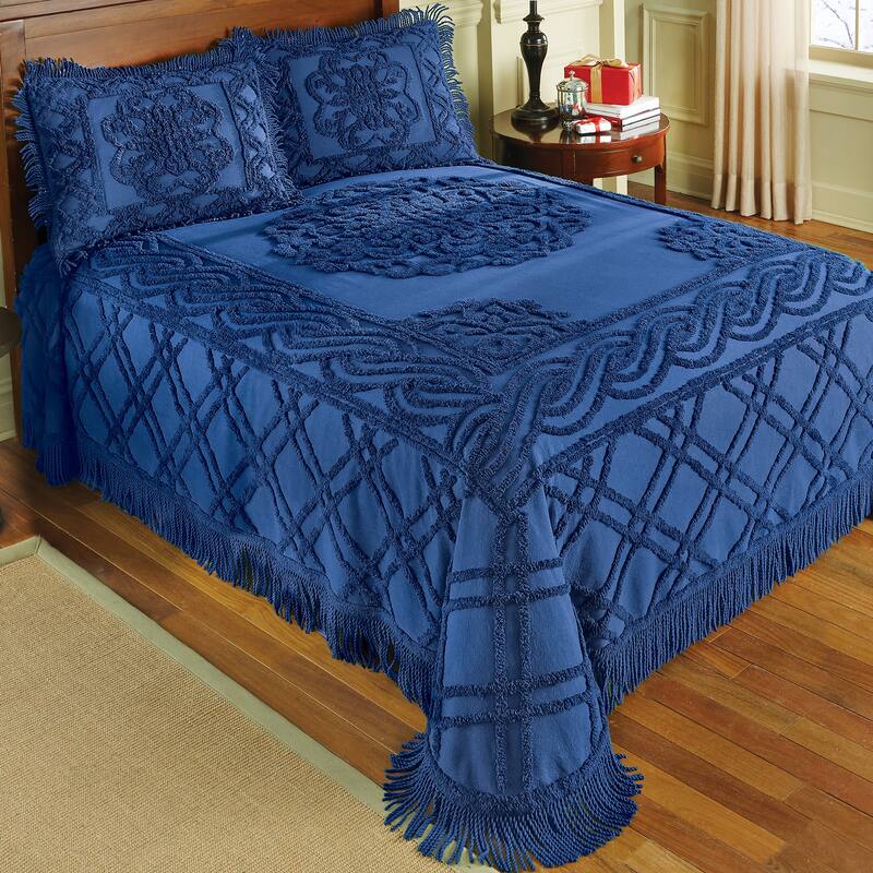Elegant Chenille Fringe Bedspread - Royal Blue - Full