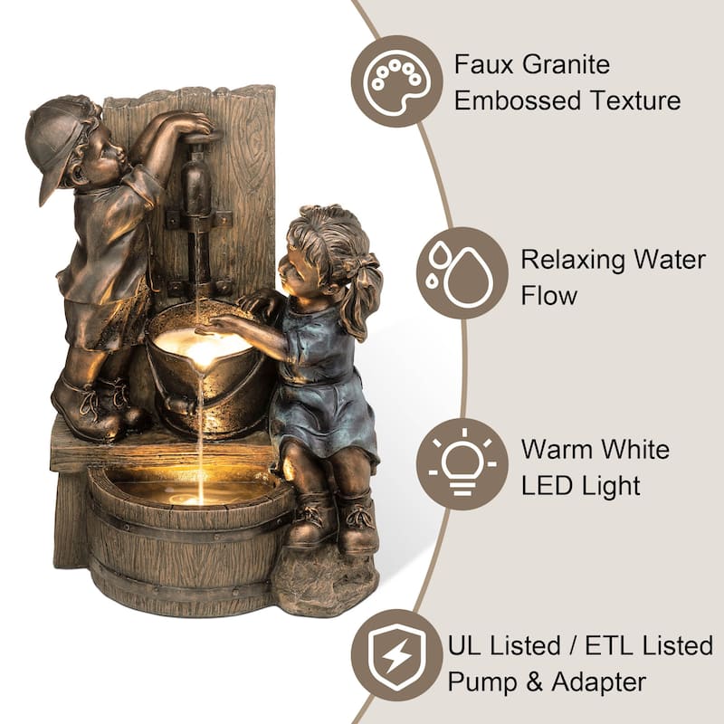Glitzhome 26"H Polyresin LED Bronze Faucet Boy Girl Outdoor Fountain