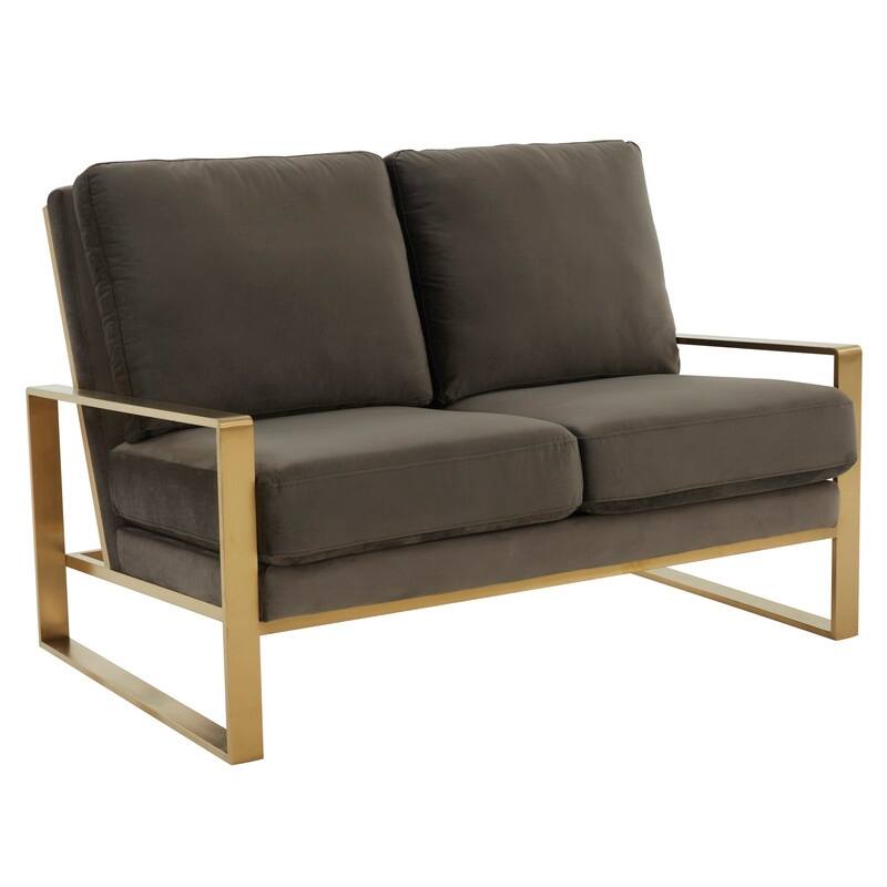 Jefferson Modern Two-Seater Velvet Loveseat with Brushed Gold Stainless Steel Base, Removable Cushions for Living Room or Lounge - Dark Grey