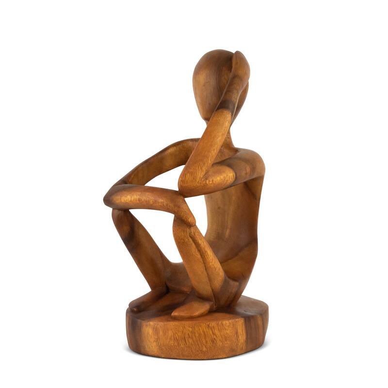 12" Wooden Abstract Hand Carved Wine Rack Bottle Holder "Thinking Man" Free Standing Thinker Handmade Wood Home Decor