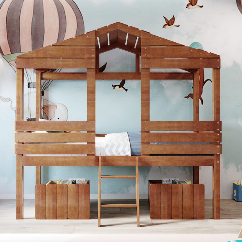Twin Size Low Loft Wood House Bed with Two Drawers (Playhouse Design ...