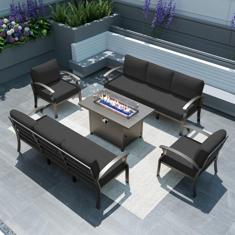 Aluminum Patio Outdoor Sectional Sofa Set with Fire Pit and Swivel Rocking Chairs, Separate Ottomans