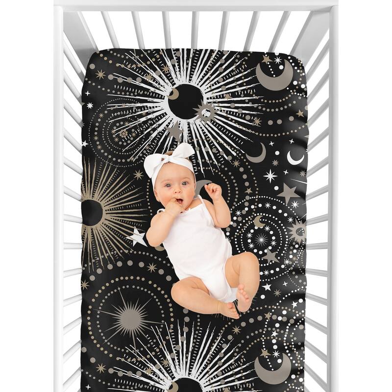 Sweet Jojo Designs Black Space Moon and Stars Boy, Girl, Unisex/Gender Neutral Fitted Crib Sheet - Gold & Silver Celestial, Sky