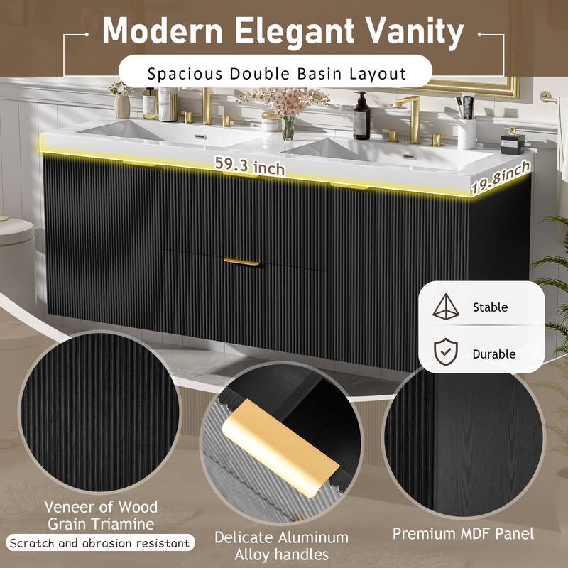 59.3 Inch Floating Double Sink Bathroom Vanity with SMC Resin Top, Wall Mounted Storage Cabinet for Large Bathrooms