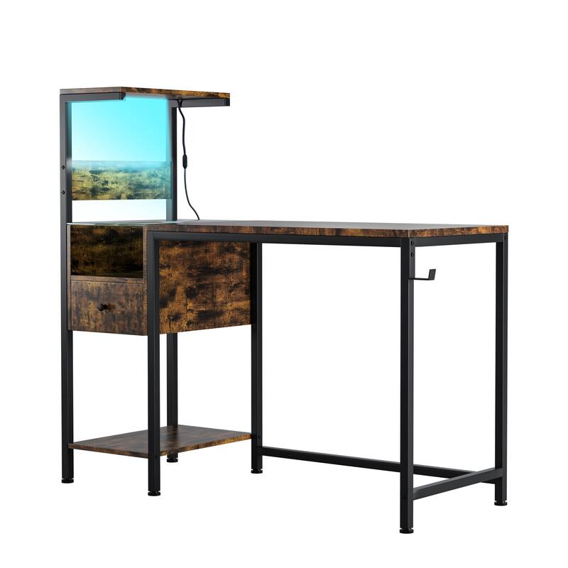 Modern Gaming Computer Desk with Reversible Shelves and RGB Lighting and USB Charging Ports for Study or Home Office