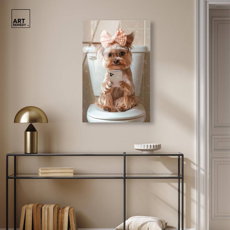 Cute Yorkie on the Toilet Acrylic by Art Remedy, Ready to Hang