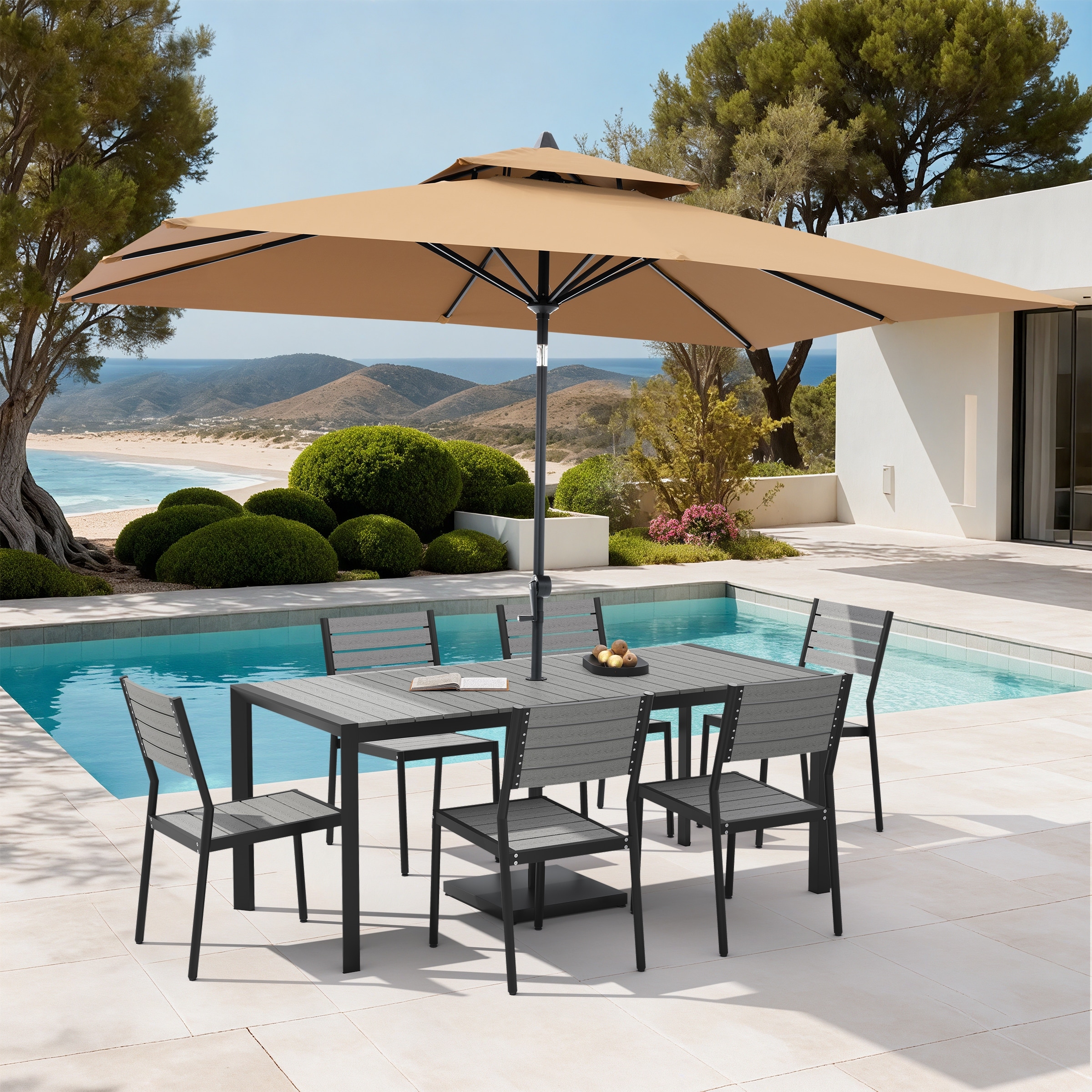 Set of 9 Outdoor Patio Dining Set WoodLike Aluminum Umbrella Hole Table with Stackable Chairs, Market Umbrella Set