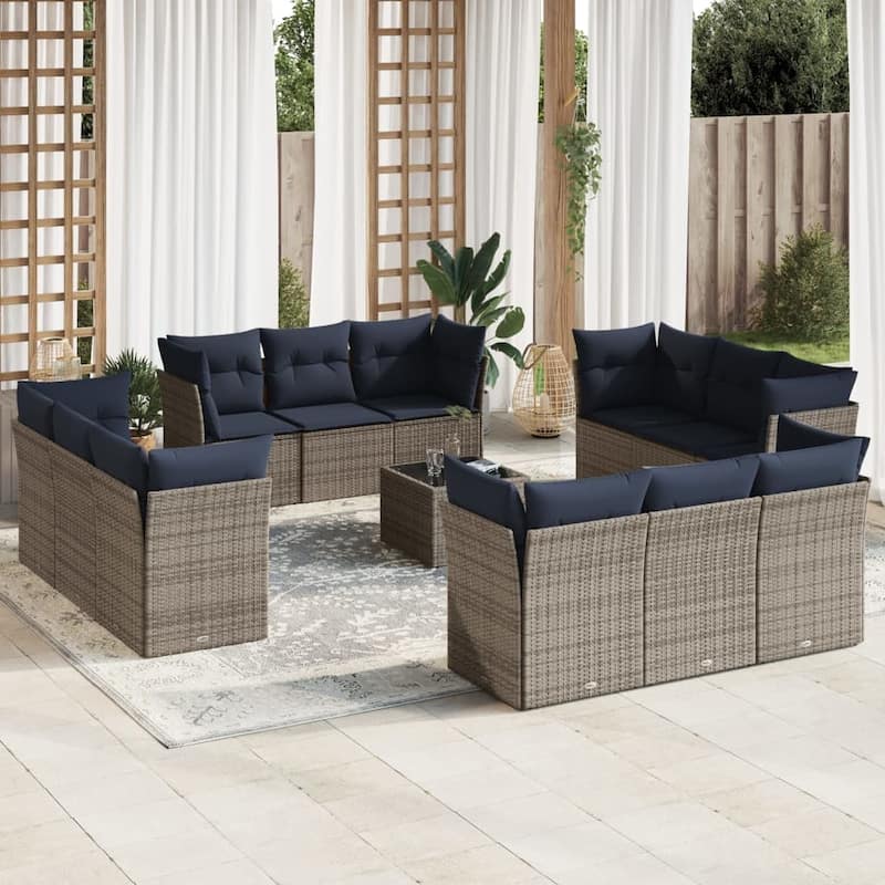 vidaXL 12 Piece Patio Sofa Set with Cushions Black/Brown/Gray Poly Rattan - 24.4 x 24.4 x 27.2 - Gray and navy blue With table