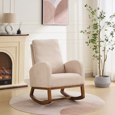 Teddy Rocking Chair with High-Back, Upholstered Glider Chair with Two Side Pockets, Armchair with Rubber Wood Legs