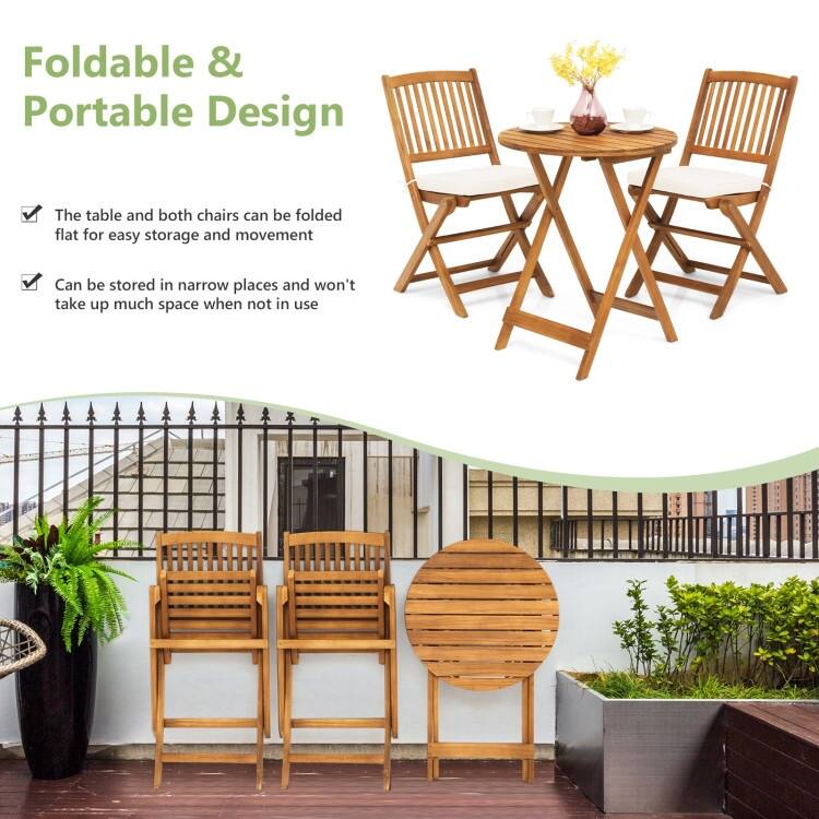 3 Pieces Patio Folding Bistro Set with Padded Cushion and Round Coffee Table - 23.5" x 23.5" x 29.5" (L x W x H)