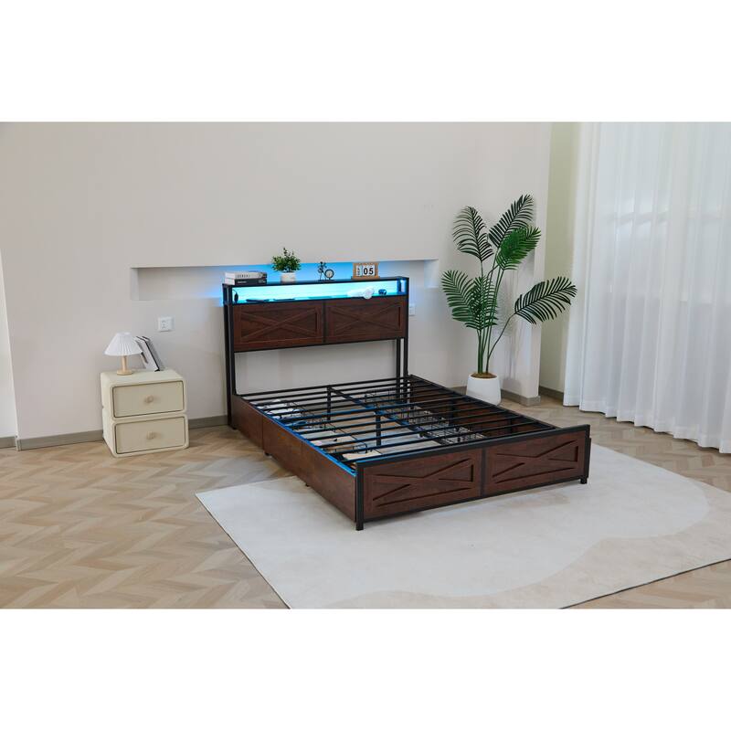 Full Bed Frame with Storage Drawers, Charging Station, RGB LED Lighting, Easy Assembly, Durable Metal Construction - Black+Red