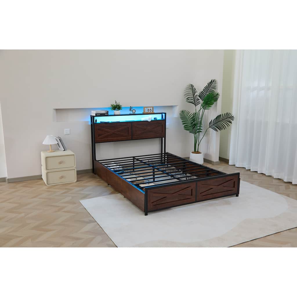 Full Bed Frame with Storage Drawers, Charging Station, RGB LED Lighting, Easy Assembly, Durable Metal Construction
