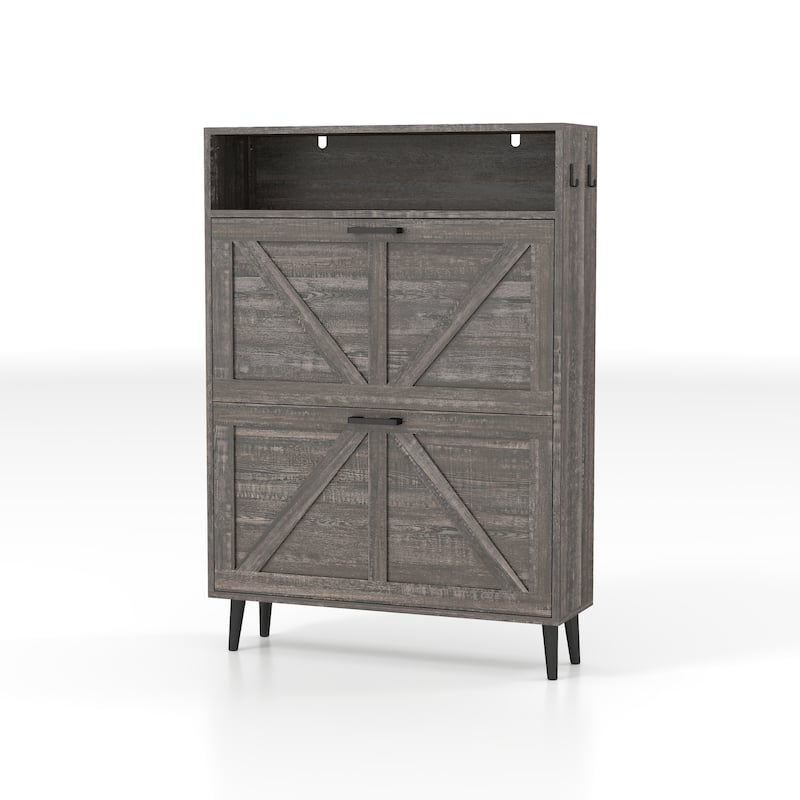 Shoe Storage Cabinet with Barn Door Design,Shoe Organizer with 2 Flip Drawers,Freestanding Narrow Shoe Rack Cabinet with Hooks