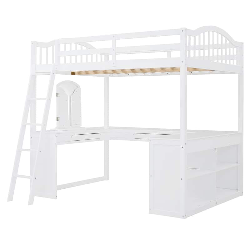 Full Wooden Loft Bed with U-shaped Desk,Storage Compartments and Tri-fold Mirror, White
