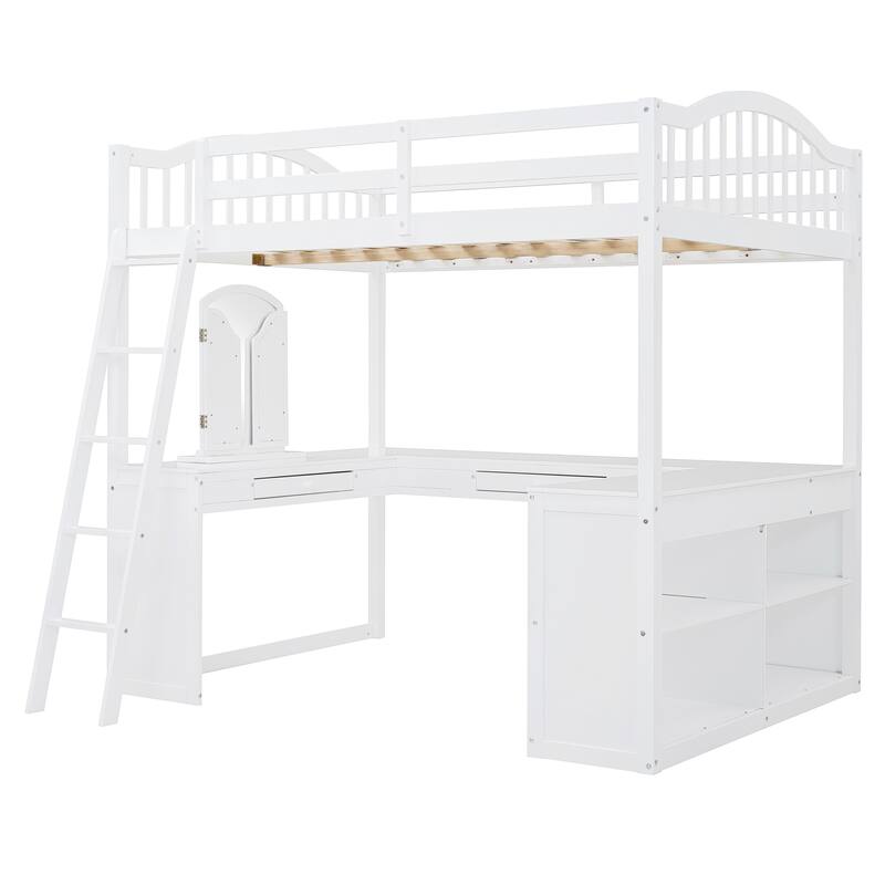 White Full Wooden Loft Bed with U-shaped Desk and Storage Compartments