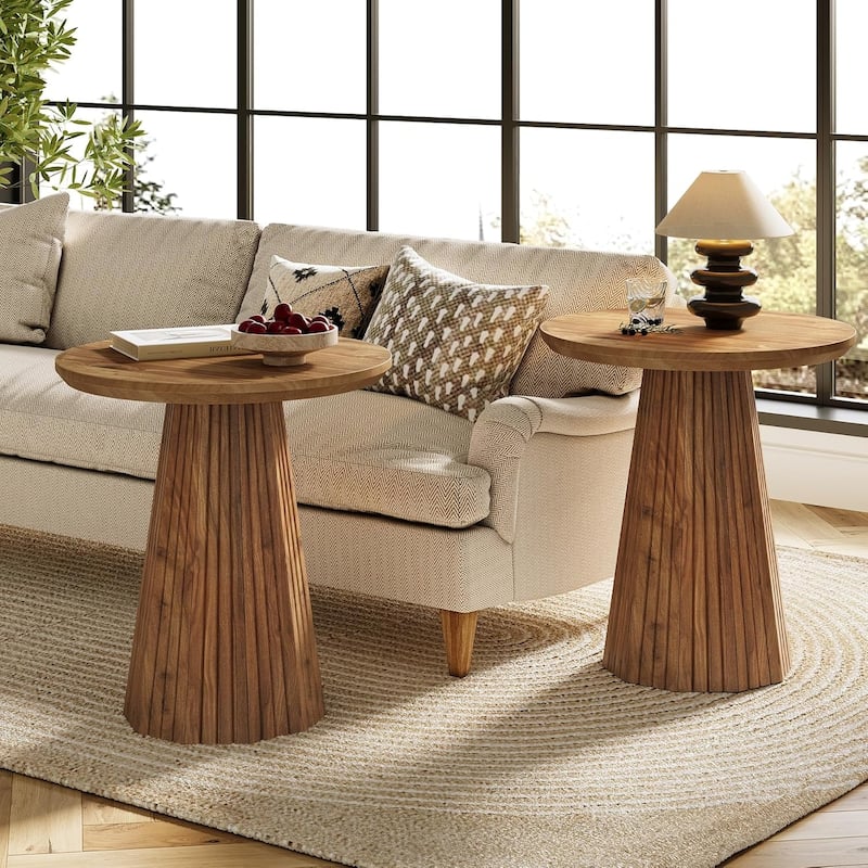 19-inch Farmhouse Solid Wood Small Round Pedestal Side/End Table with Fluted Base