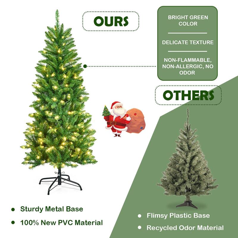 Costway 5/6/7 Ft Pre-lit Artificial Pencil Christmas Tree Hinged Fir