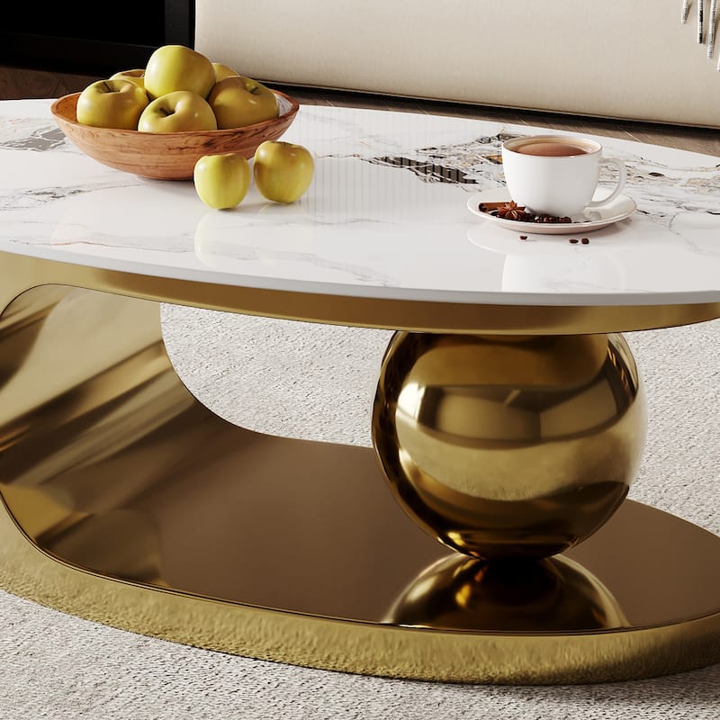 51" Modern Pandora Oval Coffee Table with Glossy Sintered stone top, Luxury Coffee Table, Stainless Steel Legs for Livingroom