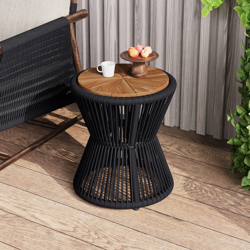 Scott Living - Nara 18.9"H Modern Outdoor Acacia Wood and Woven Rope Side Table, Tapered Cylindrical Silhouettes Design