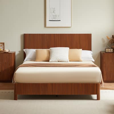 Queen Size Low Profile Platform Bed, Wooden Corrugated Curved Lines Headboard Wingback Bed, Metal Slat Support Bed Frame