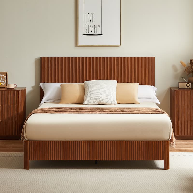 Queen Size Wooden corrugated curved lines, No Box Spring Needed - Walnut