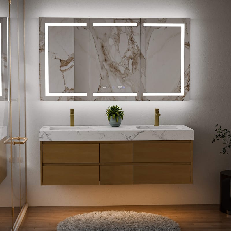 Modland 60" Floating Bathroom Vanity, Modern Maple Wood Wall Mounted Vanity with Marble Countertop,6 Soft-Close Drawers - 60 Inch