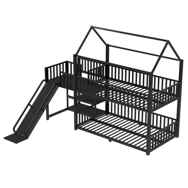 Modern Metal House Bunk Bed with Safety Guardrails, Heavy Duty Metal House Bed Frame with Storage Shelves and Slide