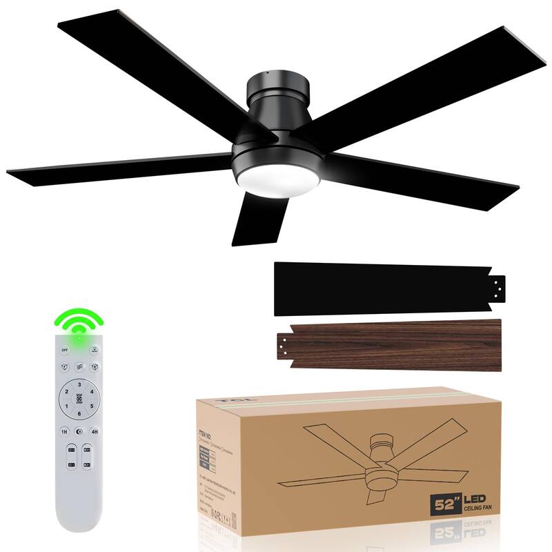 52" Ceiling Fan with Lights, Black Flush Mount Ceiling Fans with Remote Control, 6 Speeds DC Reversible, Dimmable, Noiseless