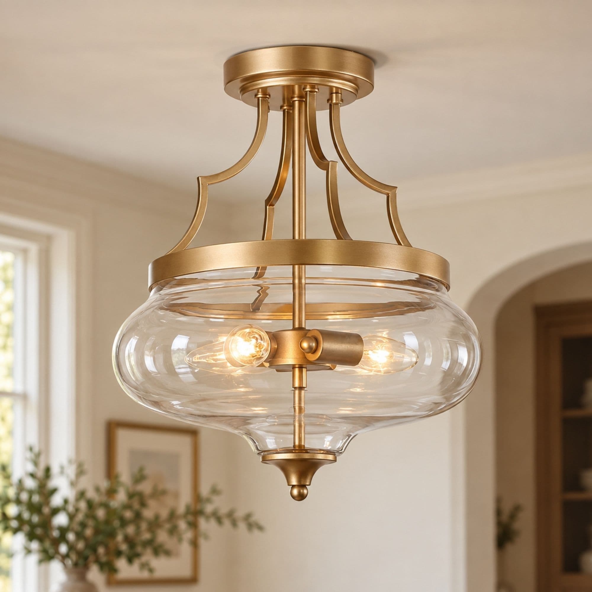 Mid-century Modern Gold 3-light Semi Flush Mount Dome Glass Light for Kitchen Island - D12.5"x H 14"