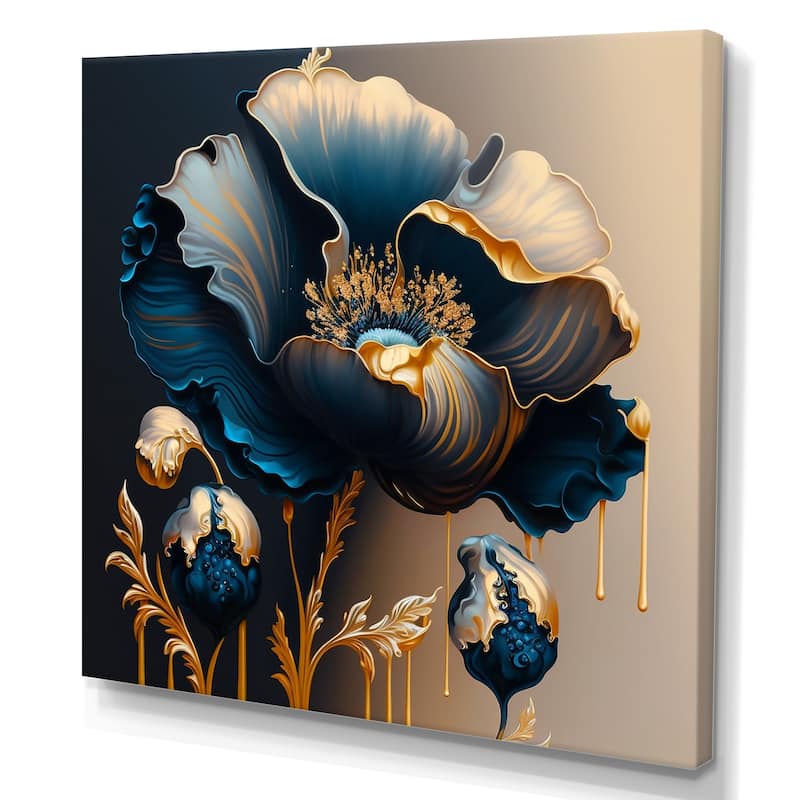 Designart 'Deep Blue And Gold Single Flower V' Floral & Botanical Canvas Wall Art