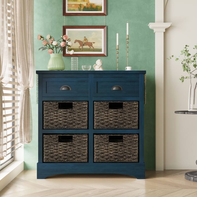 Rustic Storage Cabinet with Two Drawers and Four Basket - Antique Navy