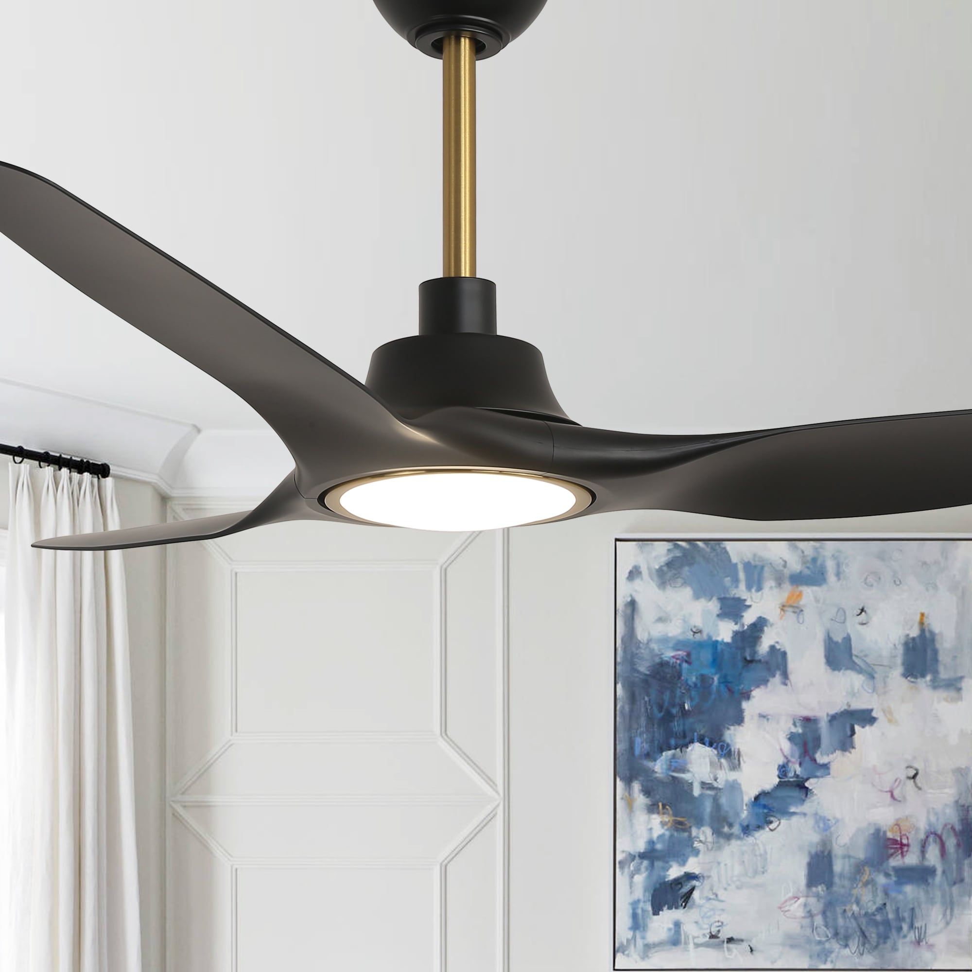 52" Modern Black Dimmable Propeller Smart Ceiling Fan with Light and Remote, App Control, Voice Control