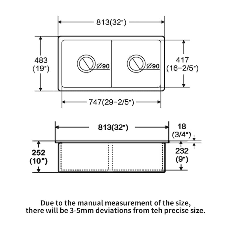 32" Undermount Double Bowl Ceramic Kitchen Sink in White - 32'' x 19'' x 10''