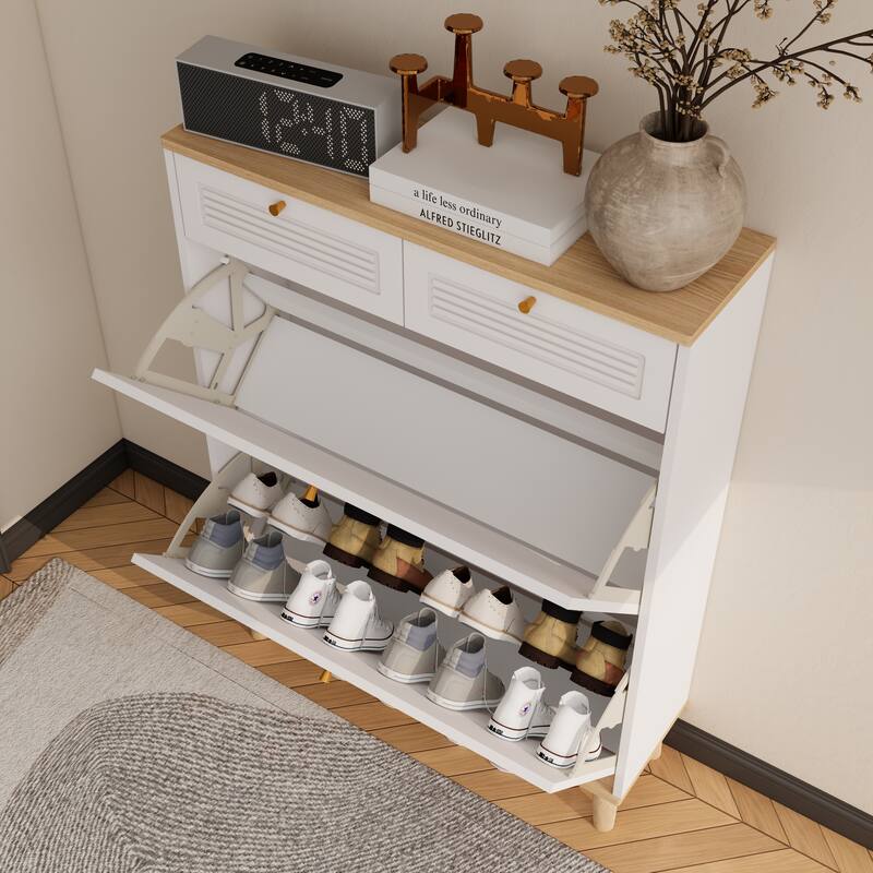 Narrow Shoe Cabinet with 2 Flip-Up Doors & 2 Drawers, Freestanding Entryway Shoe Organizer, Shoe Rack with Natural Wood Legs