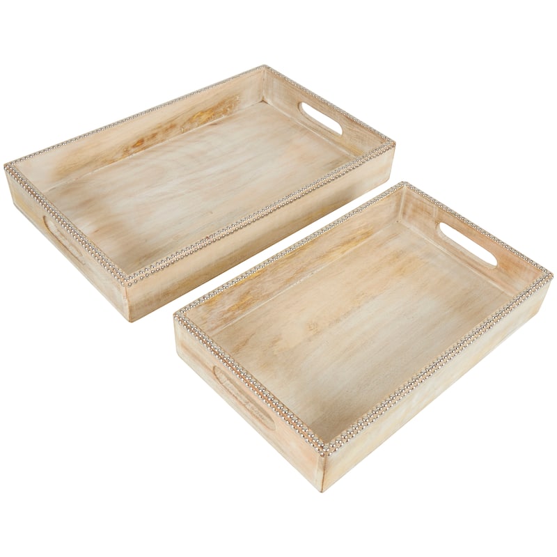 Mango Wood Tray with Silver Beaded Rim - Set of 2 Light Brown - Roche River Decor - 12"W x 19"L x 3"H