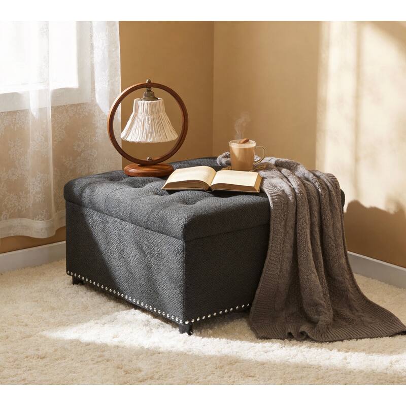 Storage Ottoman,Tufted Footstool, Nailhead Trim Ottoman, Square Storage Ottoman, Upholstered Coffee Table, Bedroom Storage - Dark Grey