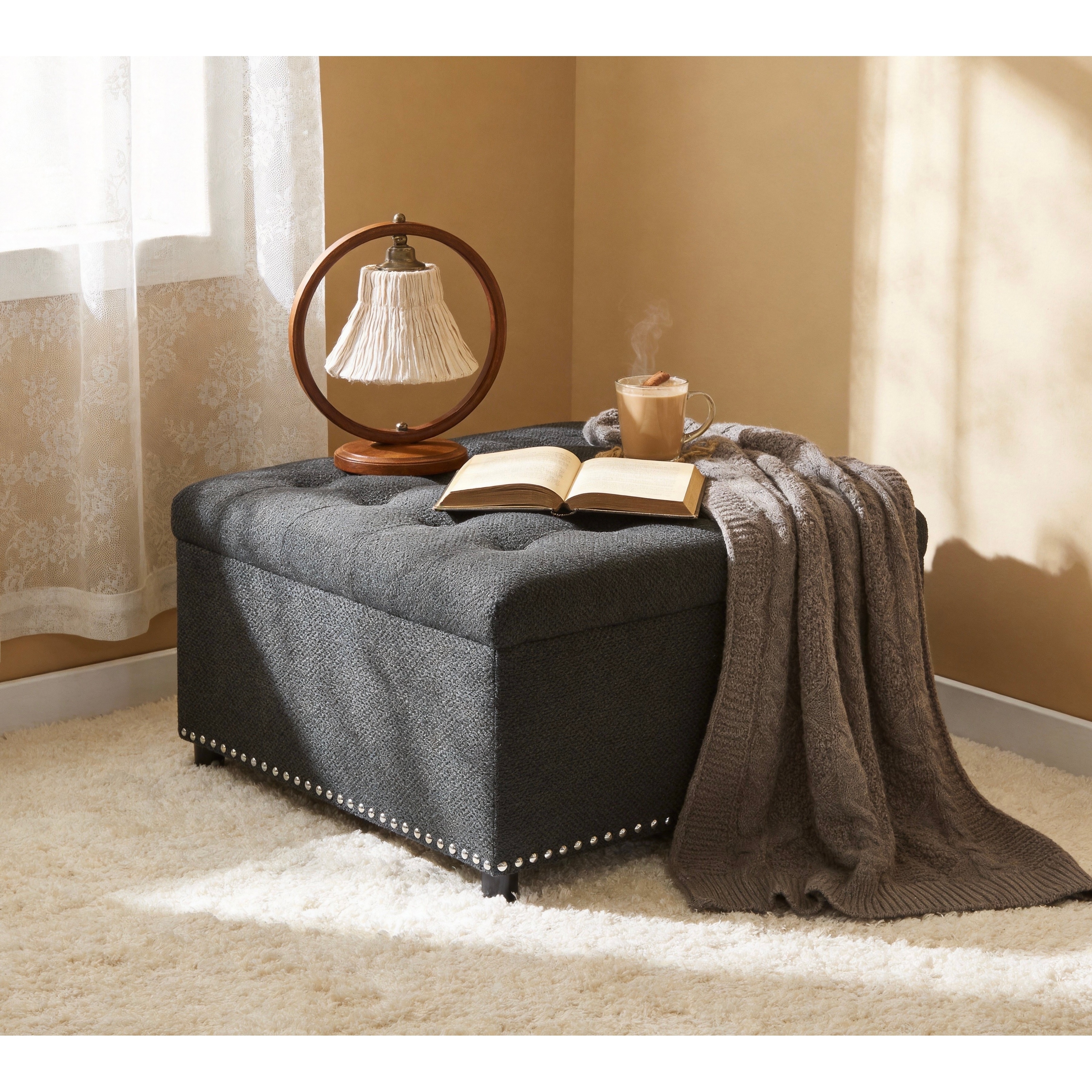 Storage Ottoman,Tufted Footstool, Nailhead Trim Ottoman, Square Storage Ottoman, Upholstered Coffee Table, Bedroom Storage