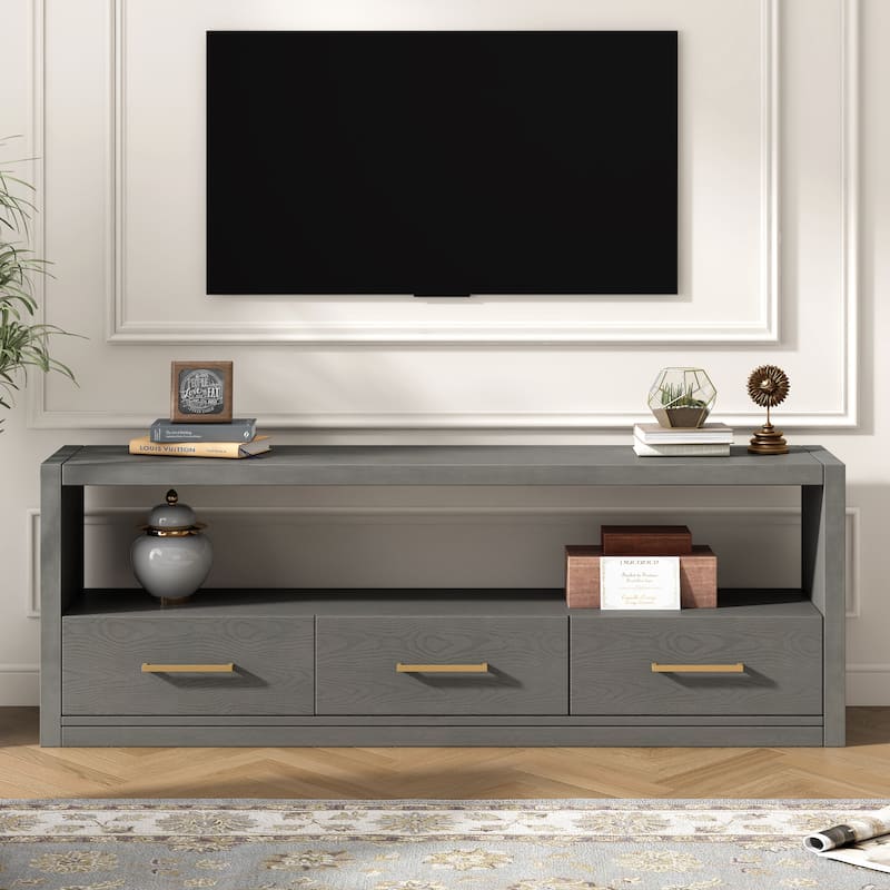74" Wood TV Stand Wide Top Media Console Table w/ 3 Drawers, Metal Handles, Classic Entertainment Center for Living Room - Grey