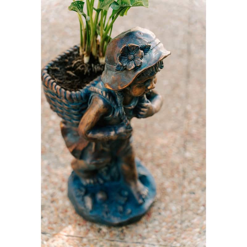 Xbrand 24" H Faux Bronze Magnesium Oxide Walking Garden Statue w/Small Flower Plant Pot, Natural Design Sculpture