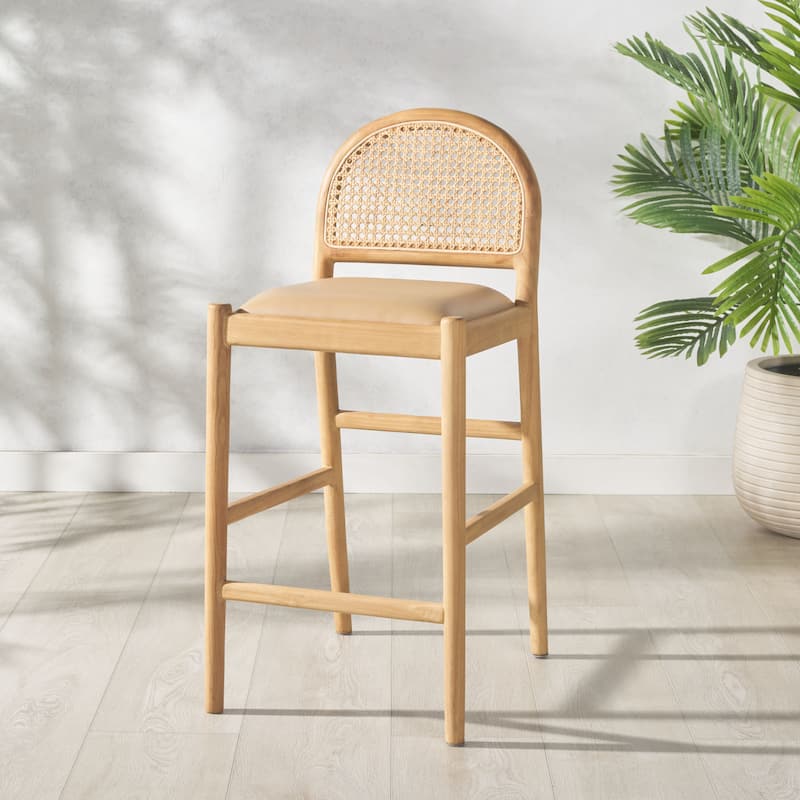 SAFAVIEH Couture Laylie Rattan And Leather 26-inch Counter Stool - 16"W x 20"D x 37"H - Tan/Natural