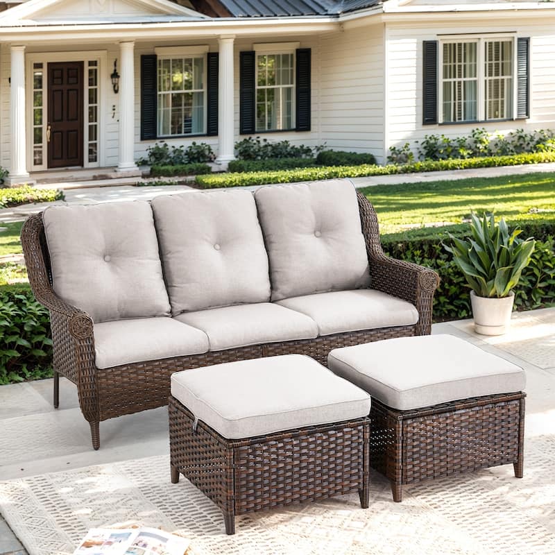 Outdoor Patio 3-Seat Sofa with 2 Ottomans - Beige - Brown