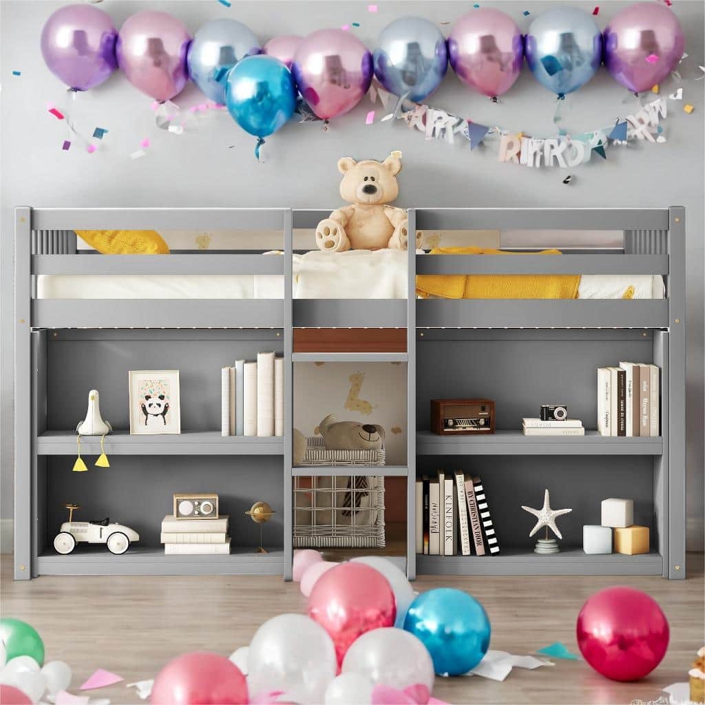 Twin Size Kid Low Loft Bed With Two-Tier Shelves And LED Light For Grey,Kids Twin Loft Bed With Multifunction,Easy Assembly