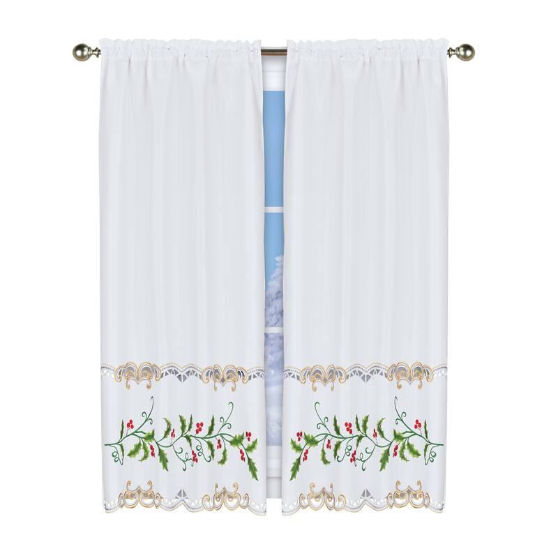 Holiday Embroidered Holly Berry Rod Pocket Top Drapes
