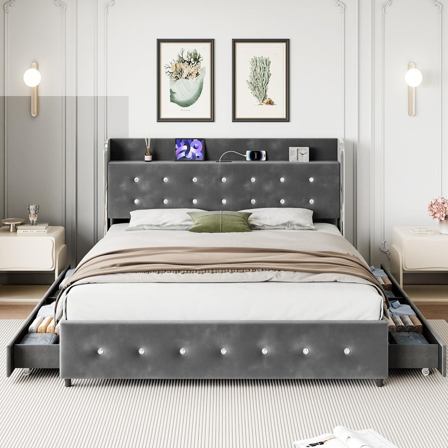 Bed Frame with Diamond Tufted Headboard and Trundle