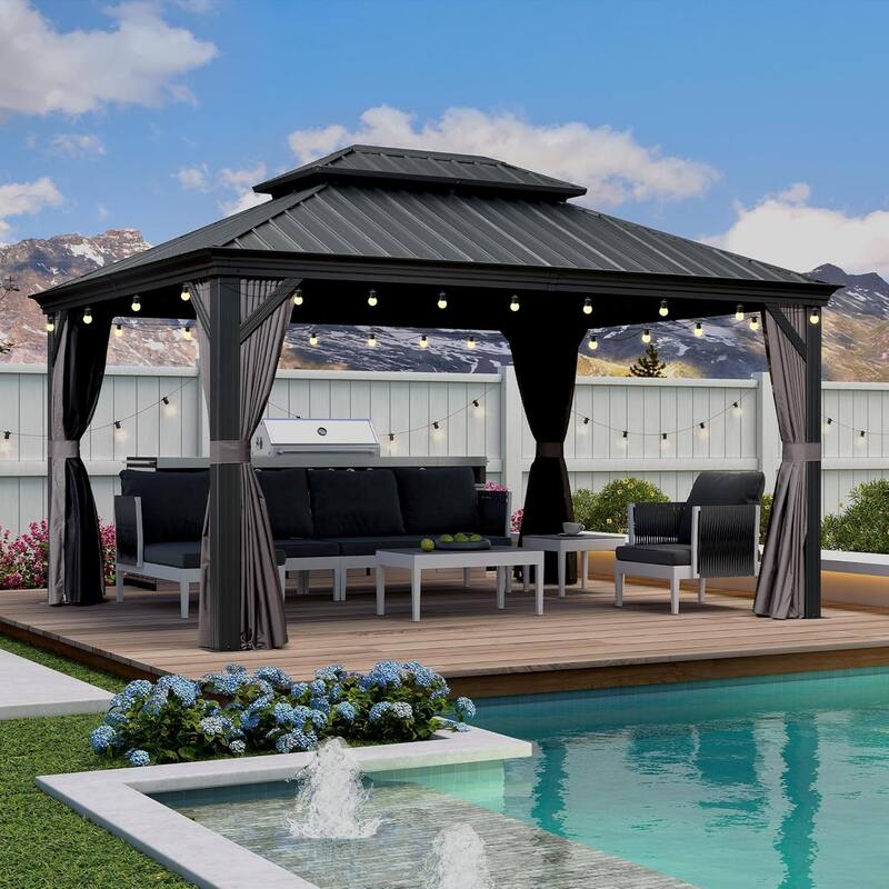 PURPLE LEAF Outdoor Galvanized Steel Hardtop Gazebo, Aluminum Frame Gazebo With Curtains - 11' x 14' (Hot Sale) - Grey(With lights)