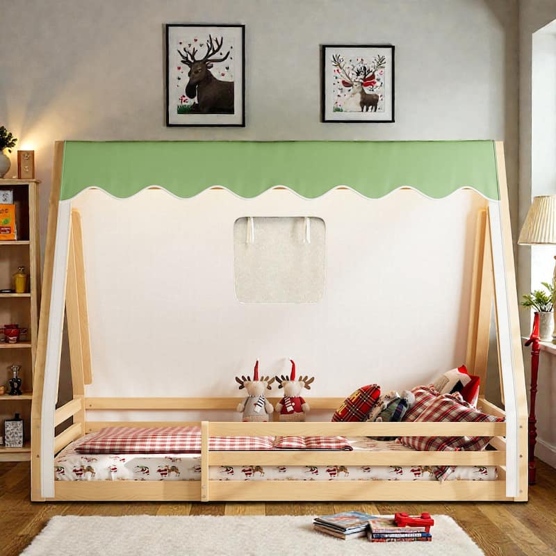 Montessori House Floor Bed with Tent and Lights, Solid Wood Teepee Bed with Guardrails, Twin/Full Kids Bed Frame - Natural Green - Full