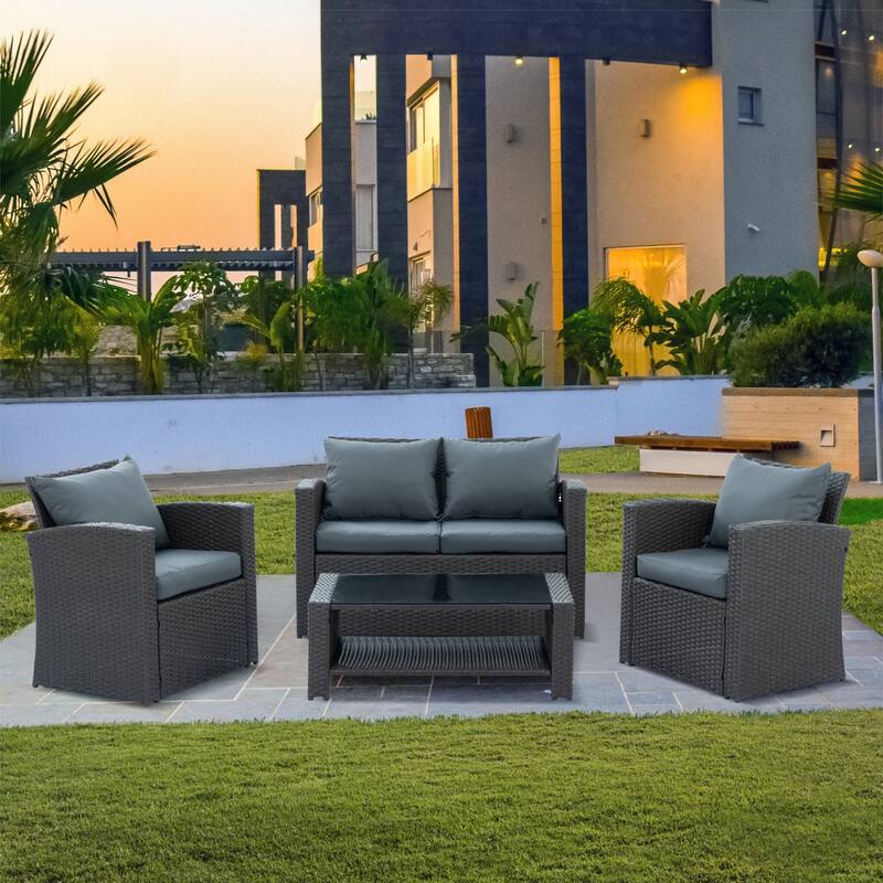 4 PCS Dark Grey Patio Furniture Set with PE Wicker Sofa, Loveseat Set, Chairs, and Tempered Glass Table