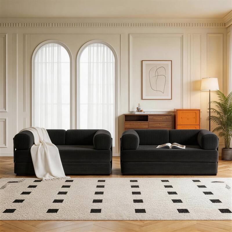 Set of 2 Corduroy Fully Compressed Convertible Sleeper Sofa with Metal Frame - 62.85"W x36.15"D x27.45"H - Grey