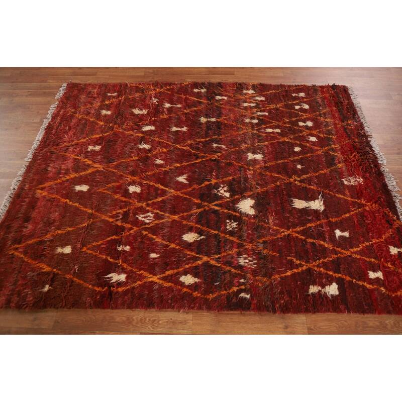 Hand Knotted Oriental 100% Wool Carpet Modern Geometric Red Moroccan Area Rug - 6' 4'' X 5' 0''